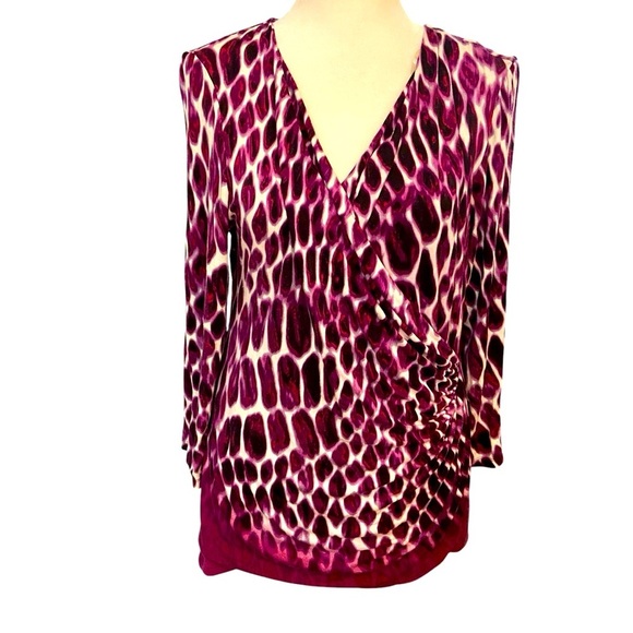 Calvin Klein Women's Mock Wrap Top Blouse Size L Purple Design Stretch Body con - Picture 1 of 10